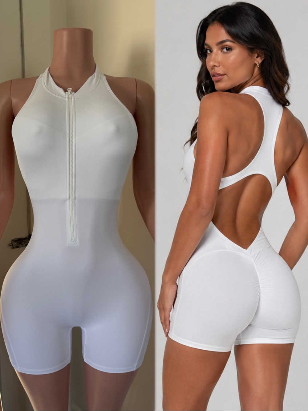 Women’s White Racerback Zip Front Bodysuit Romper